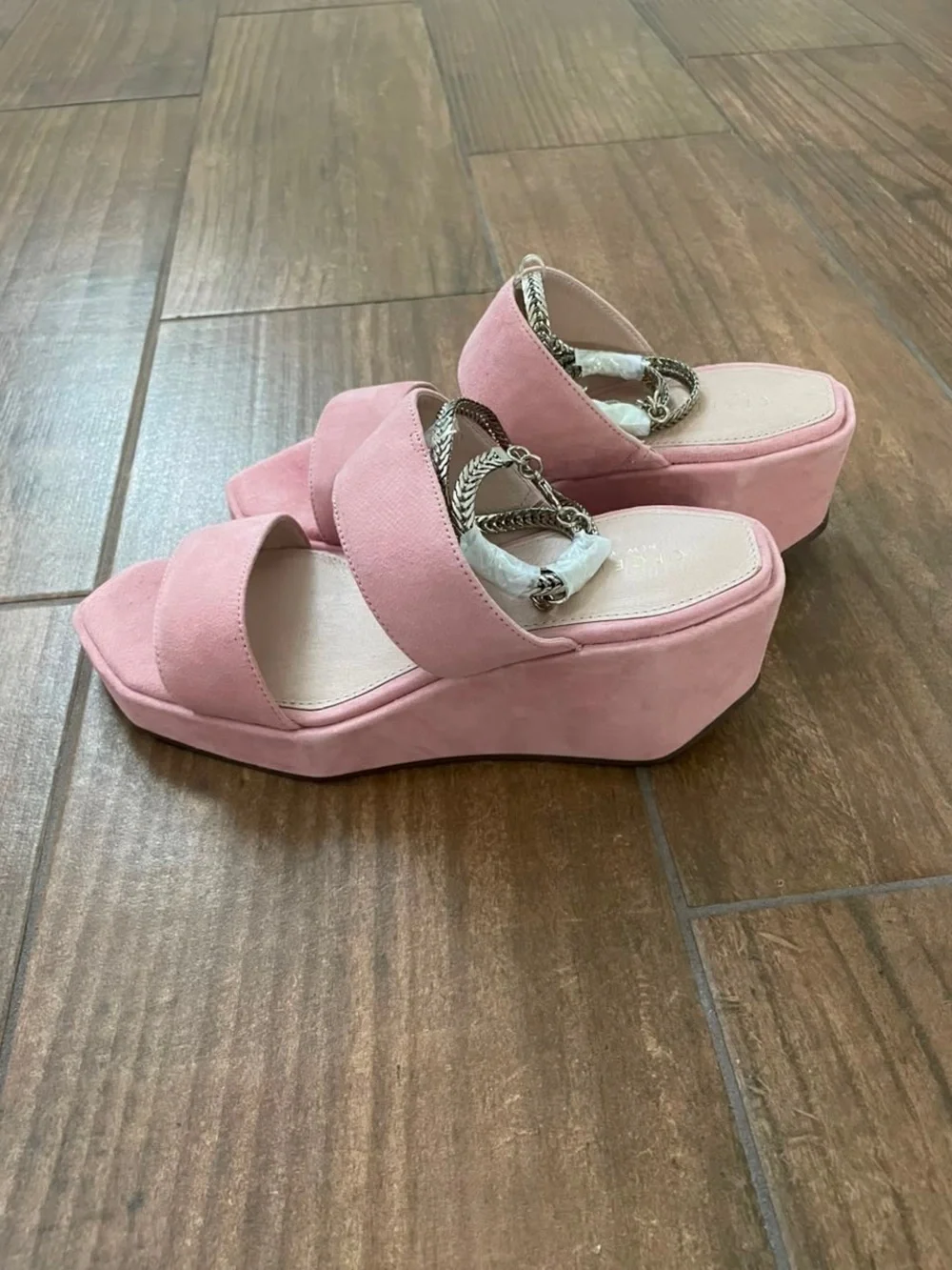 CECILIA NEW YORK Baleves Pink Suede Platform Wedge Sandals with Chain Strap